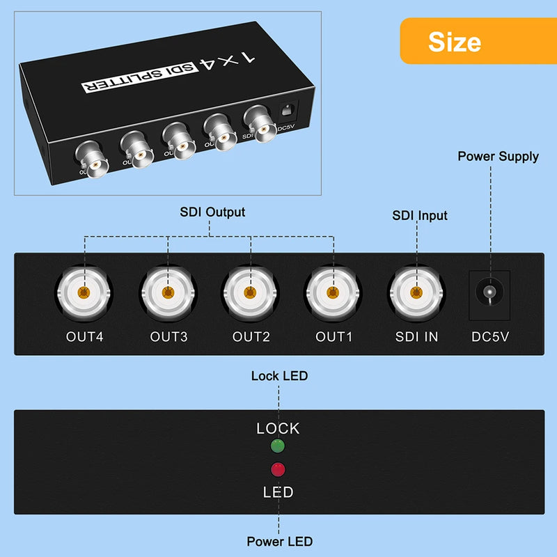 SDI Splitter 1X4 SDI Distribution Video Converter 4 Port Support SD/HD/3G-SDI 1080P for Camera Projector Monitor DVR SDI System